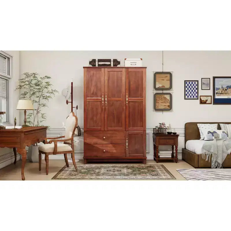 Armoire de 117,6 cm en bois jaune brunâtre avec 2 tiroirs, une tringle de suspension et des étagères
