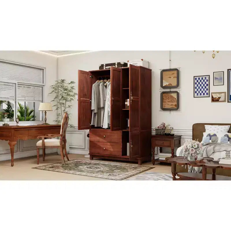 Armoire de 117,6 cm en bois jaune brunâtre avec 2 tiroirs, une tringle de suspension et des étagères