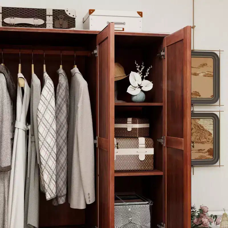 Armoire de 117,6 cm en bois jaune brunâtre avec 2 tiroirs, une tringle de suspension et des étagères