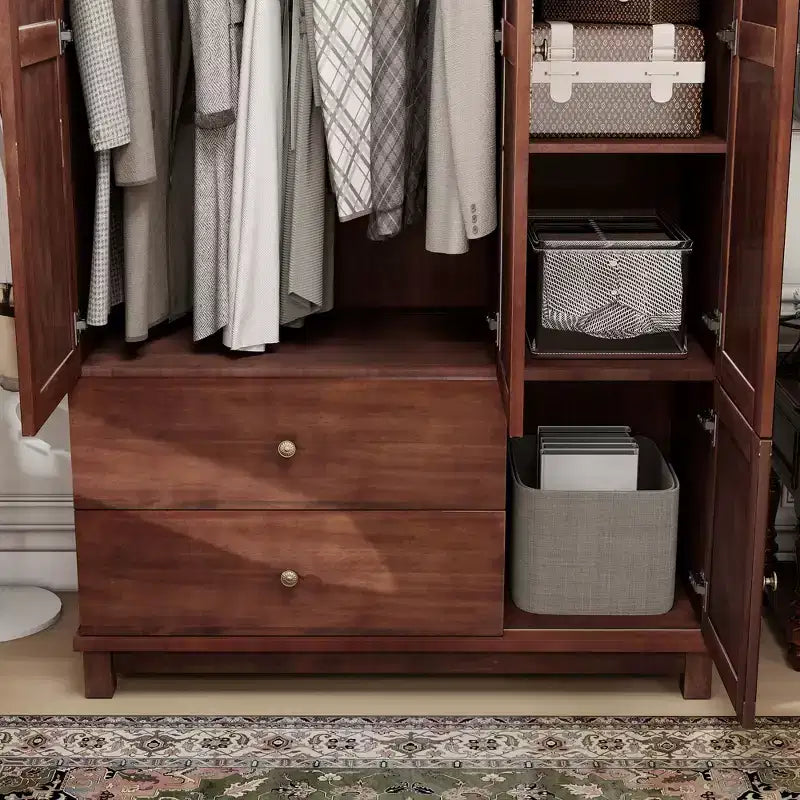 Armoire de 117,6 cm en bois jaune brunâtre avec 2 tiroirs, une tringle de suspension et des étagères