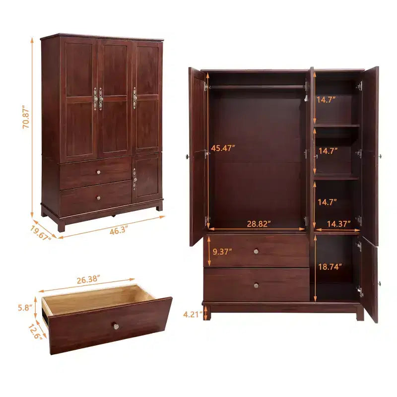 Armoire de 117,6 cm en bois jaune brunâtre avec 2 tiroirs, une tringle de suspension et des étagères