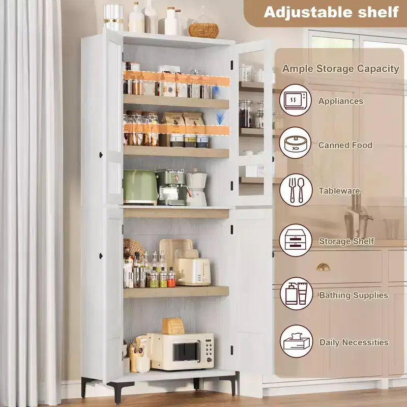 Armoire de rangement à 5 niveaux de 71 pouces de haut, organisateur de garde-manger à 4 portes avec étagères réglables pour cuisine, salle de bain, salle à manger