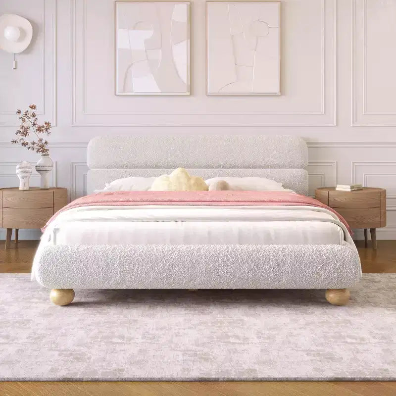GDFStudio Philemon Contemporary Low Profile Upholstered Queen Size Bed with Teddy Fleece Fabric and Wood Legs