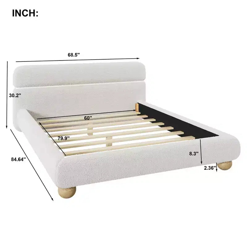 Lit queen size contemporain bas en tissu polaire Teddy avec pieds en bois