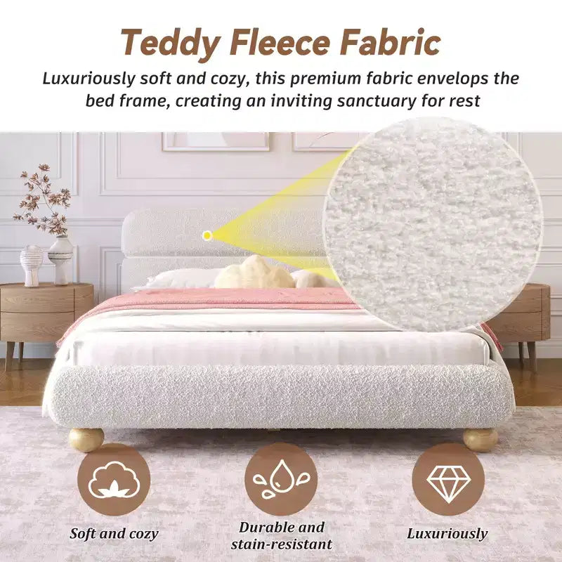 Lit queen size contemporain bas en tissu polaire Teddy avec pieds en bois