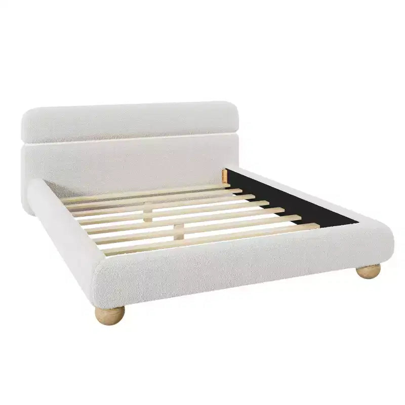 Lit queen size contemporain bas en tissu polaire Teddy avec pieds en bois