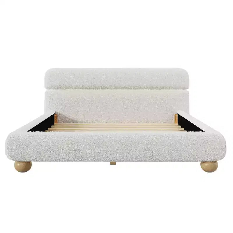 Lit queen size contemporain bas en tissu polaire Teddy avec pieds en bois