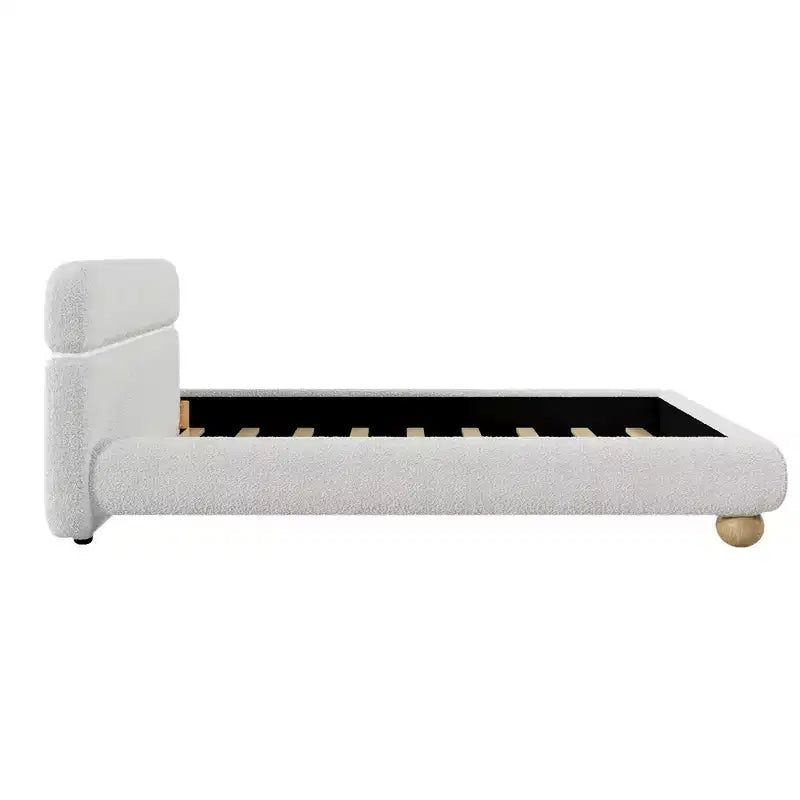 Lit queen size contemporain bas en tissu polaire Teddy avec pieds en bois