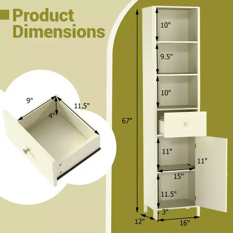 Meuble de salle de bain haut de 170 cm avec 3 étagères ouvertes, 1 tiroir, étagère intérieure réglable Blanc/Blanc cassé/Noir/Vert/Gris