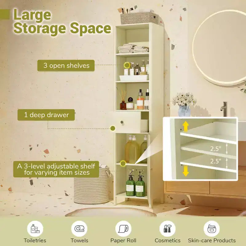 Meuble de salle de bain haut de 170 cm avec 3 étagères ouvertes, 1 tiroir, étagère intérieure réglable Blanc/Blanc cassé/Noir/Vert/Gris