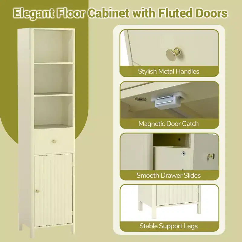 Meuble de salle de bain haut de 170 cm avec 3 étagères ouvertes, 1 tiroir, étagère intérieure réglable Blanc/Blanc cassé/Noir/Vert/Gris