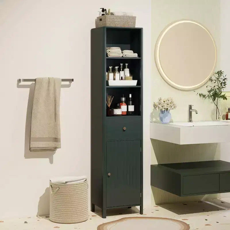 Meuble de salle de bain haut de 170 cm avec 3 étagères ouvertes, 1 tiroir, étagère intérieure réglable Blanc/Blanc cassé/Noir/Vert/Gris