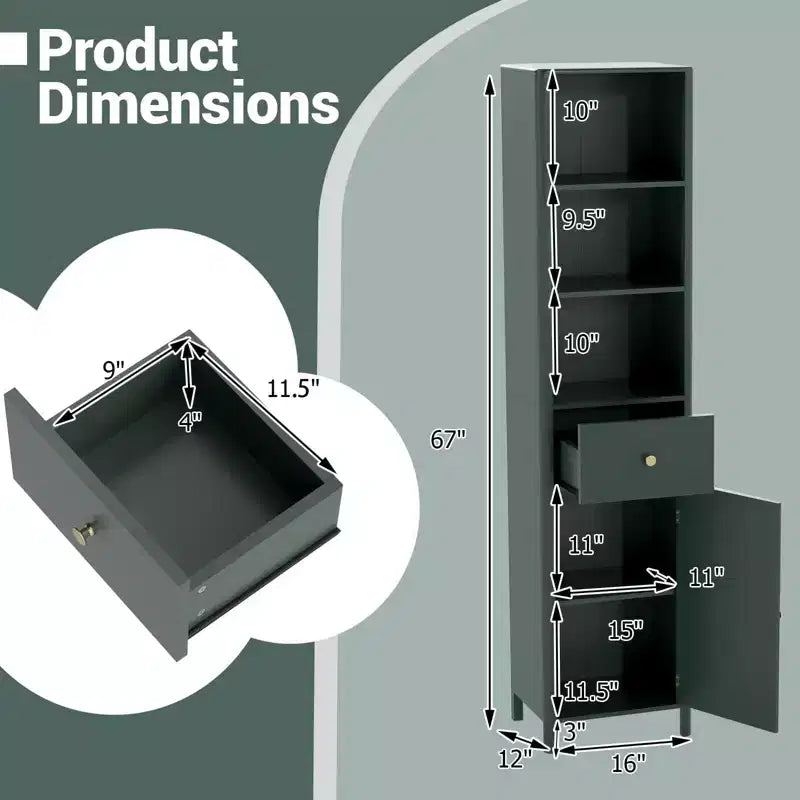 Meuble de salle de bain haut de 170 cm avec 3 étagères ouvertes, 1 tiroir, étagère intérieure réglable Blanc/Blanc cassé/Noir/Vert/Gris