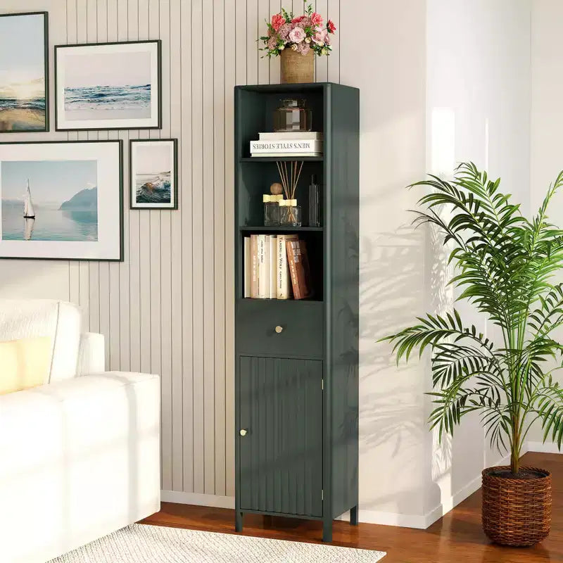 Meuble de salle de bain haut de 170 cm avec 3 étagères ouvertes, 1 tiroir, étagère intérieure réglable Blanc/Blanc cassé/Noir/Vert/Gris