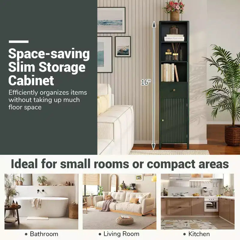 Meuble de salle de bain haut de 170 cm avec 3 étagères ouvertes, 1 tiroir, étagère intérieure réglable Blanc/Blanc cassé/Noir/Vert/Gris
