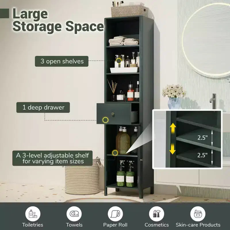 Meuble de salle de bain haut de 170 cm avec 3 étagères ouvertes, 1 tiroir, étagère intérieure réglable Blanc/Blanc cassé/Noir/Vert/Gris