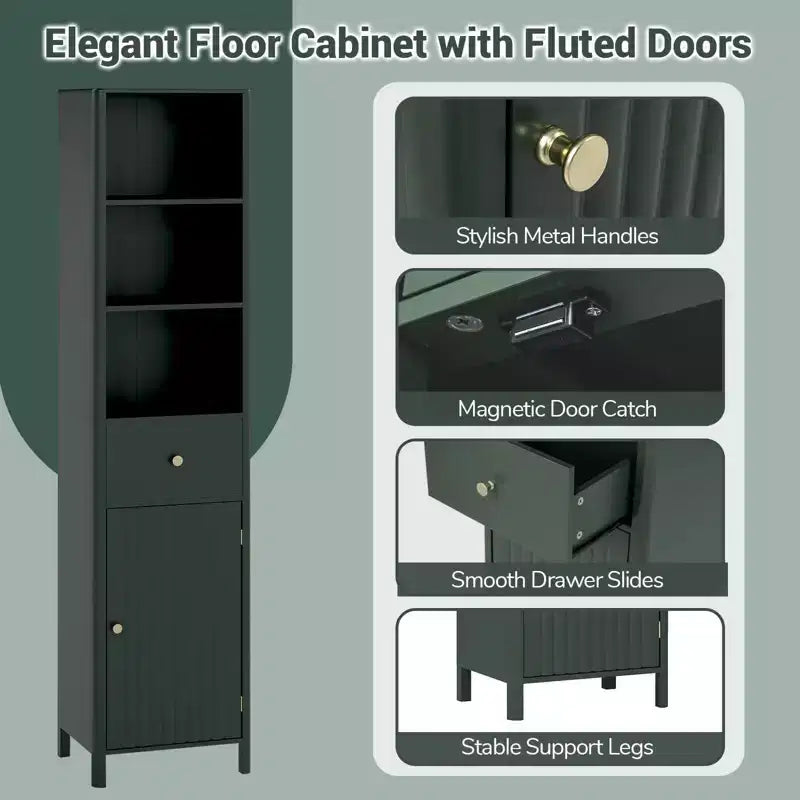 Meuble de salle de bain haut de 170 cm avec 3 étagères ouvertes, 1 tiroir, étagère intérieure réglable Blanc/Blanc cassé/Noir/Vert/Gris