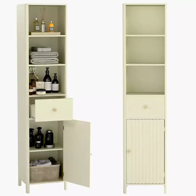 67 Tall Bathroom Cabinet with 3 Open Shelves, 1 Drawer, Adjustable Interior Shelf White/Off-white/Black/Green/Gray