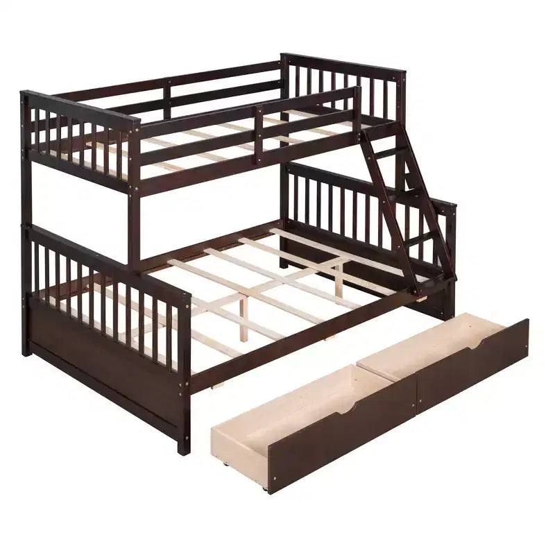 Lit superposé double sur plein avec tiroirs de rangement, cadre et échelle en bois de pin massif avec barrières de sécurité pour enfants et adolescents