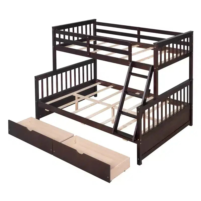 Lit superposé double sur plein avec tiroirs de rangement, cadre et échelle en bois de pin massif avec barrières de sécurité pour enfants et adolescents