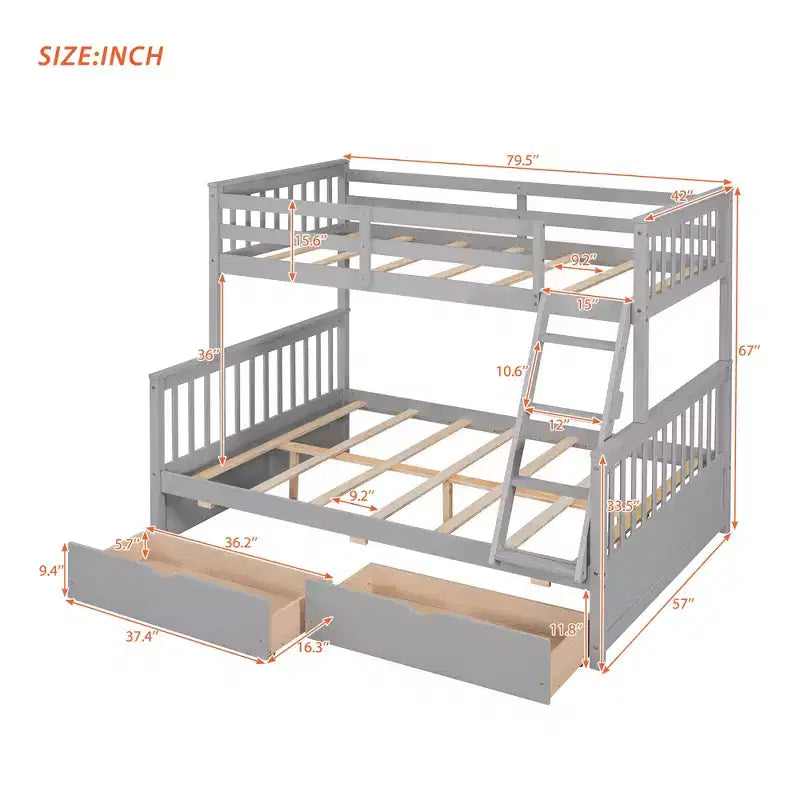 Lit superposé double sur plein avec tiroirs de rangement, cadre et échelle en bois de pin massif avec barrières de sécurité pour enfants et adolescents