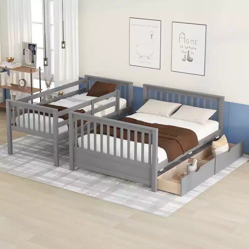 Lit superposé double sur plein avec tiroirs de rangement, cadre et échelle en bois de pin massif avec barrières de sécurité pour enfants et adolescents