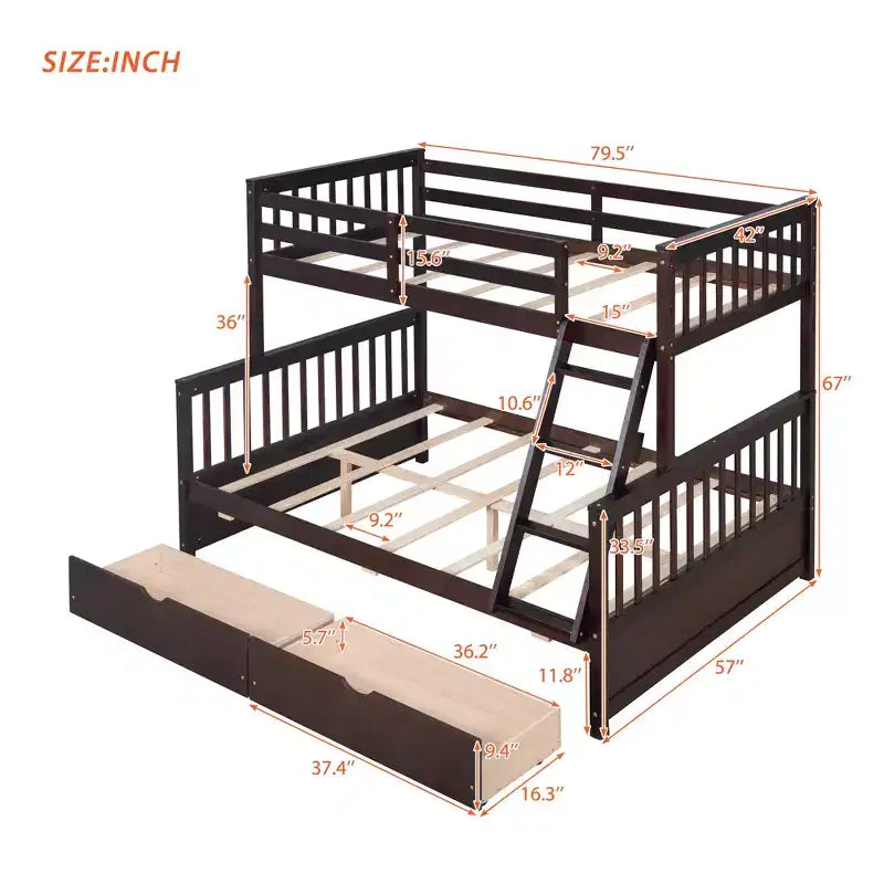 Lit superposé double sur plein avec tiroirs de rangement, cadre et échelle en bois de pin massif avec barrières de sécurité pour enfants et adolescents