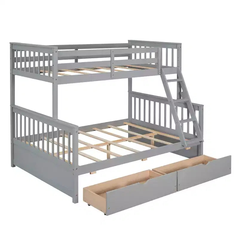 Lit superposé double sur plein avec tiroirs de rangement, cadre et échelle en bois de pin massif avec barrières de sécurité pour enfants et adolescents