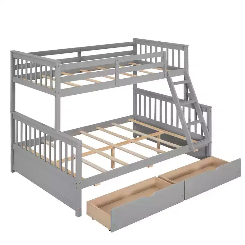 Lit superposé double sur plein avec tiroirs de rangement, cadre et échelle en bois de pin massif avec barrières de sécurité pour enfants et adolescents