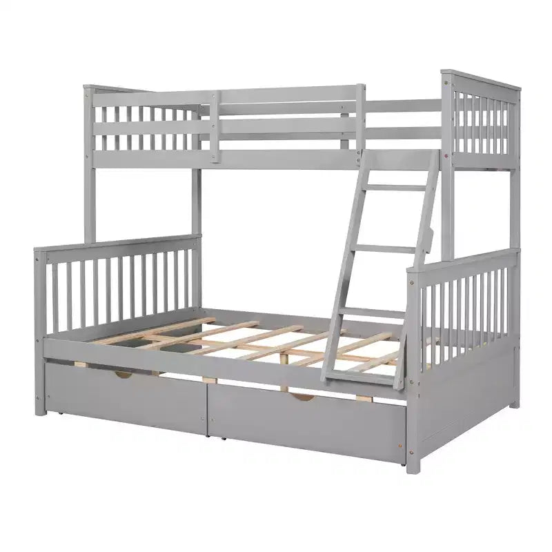 Lit superposé double sur plein avec tiroirs de rangement, cadre et échelle en bois de pin massif avec barrières de sécurité pour enfants et adolescents