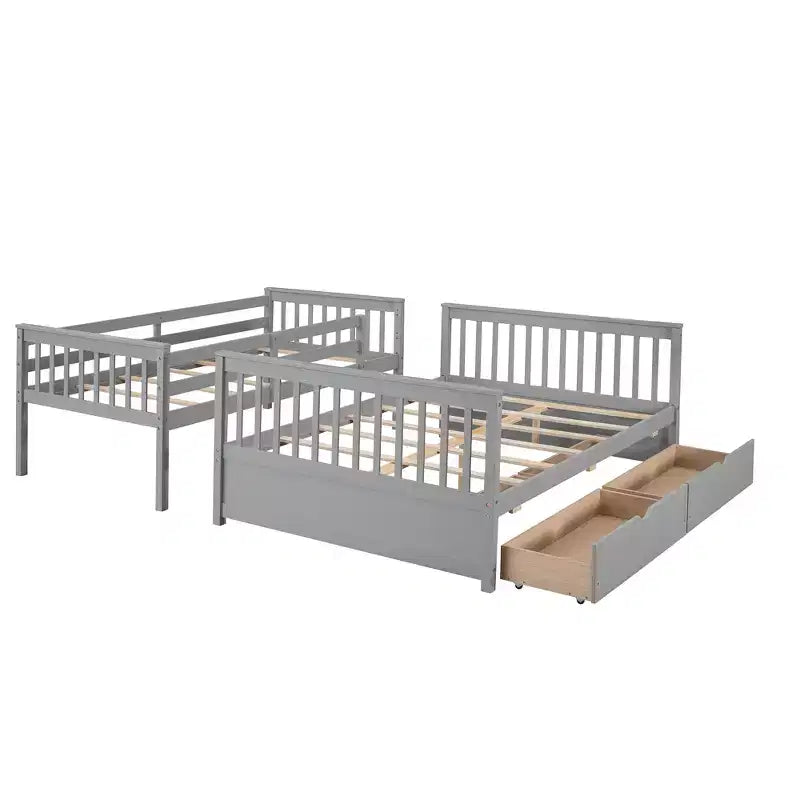 Lit superposé double sur plein avec tiroirs de rangement, cadre et échelle en bois de pin massif avec barrières de sécurité pour enfants et adolescents