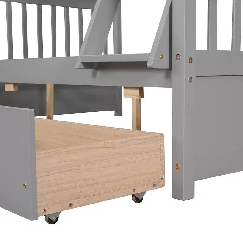 Lit superposé double sur plein avec tiroirs de rangement, cadre et échelle en bois de pin massif avec barrières de sécurité pour enfants et adolescents