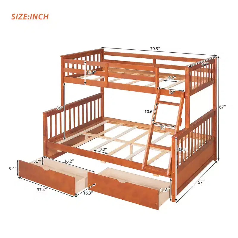 Lit superposé double sur plein avec tiroirs de rangement, cadre et échelle en bois de pin massif avec barrières de sécurité pour enfants et adolescents