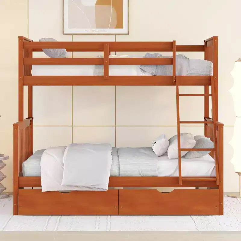 Lit superposé double sur plein avec tiroirs de rangement, cadre et échelle en bois de pin massif avec barrières de sécurité pour enfants et adolescents