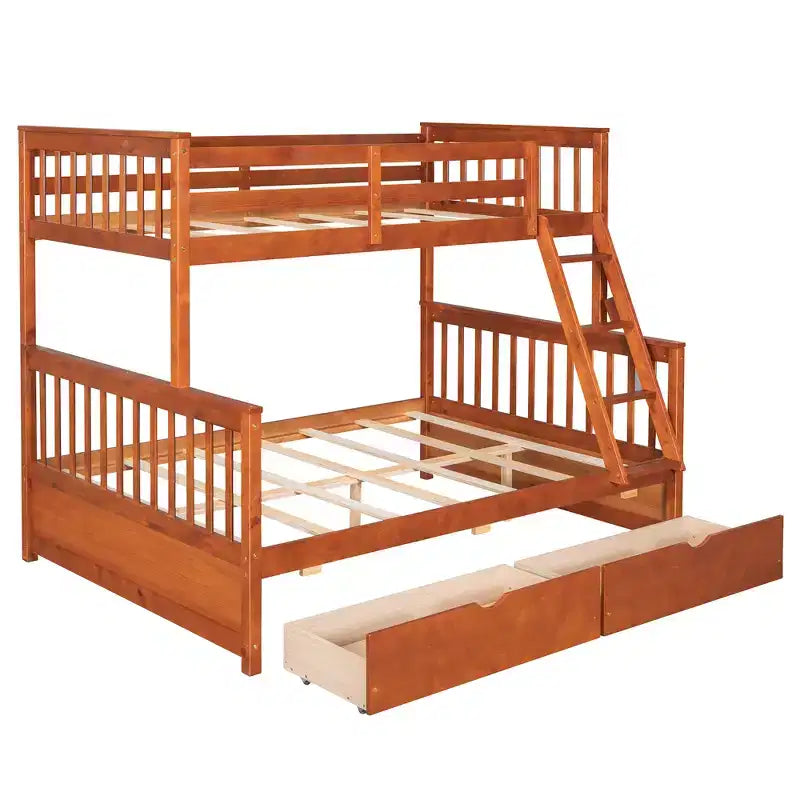 Lit superposé double sur plein avec tiroirs de rangement, cadre et échelle en bois de pin massif avec barrières de sécurité pour enfants et adolescents