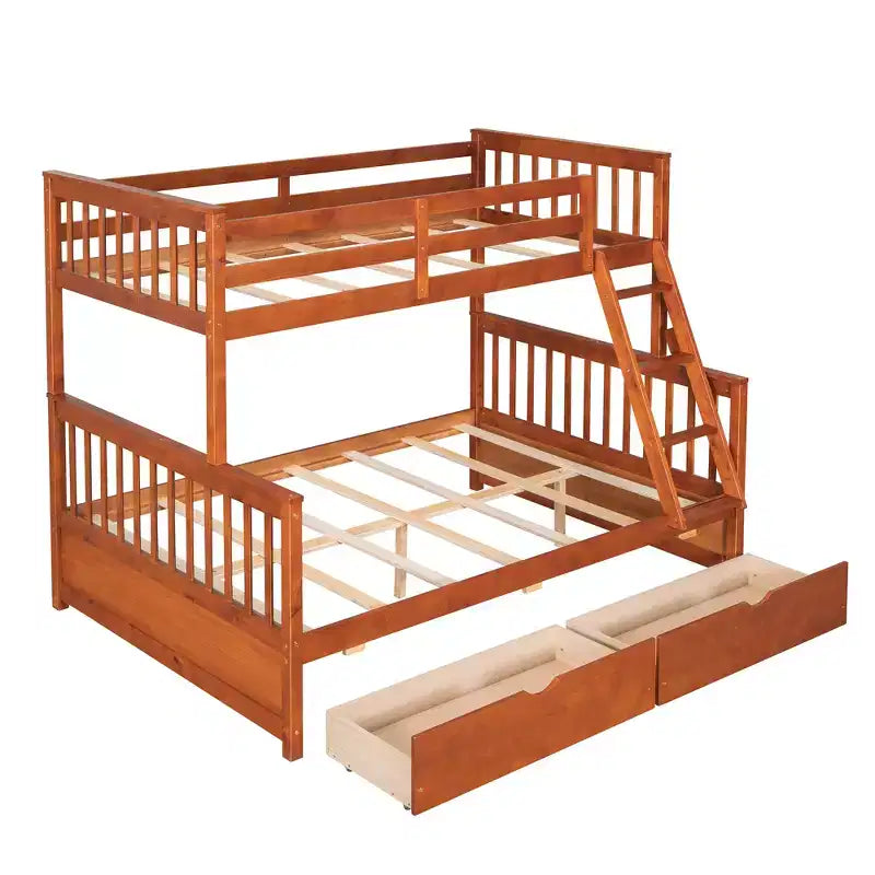 Lit superposé double sur plein avec tiroirs de rangement, cadre et échelle en bois de pin massif avec barrières de sécurité pour enfants et adolescents