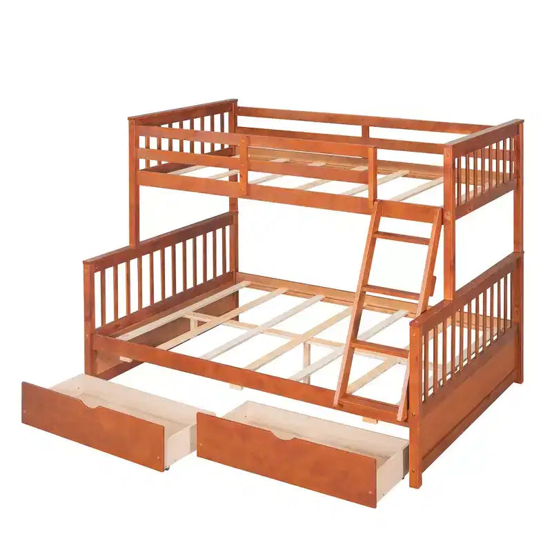 Lit superposé double sur plein avec tiroirs de rangement, cadre et échelle en bois de pin massif avec barrières de sécurité pour enfants et adolescents