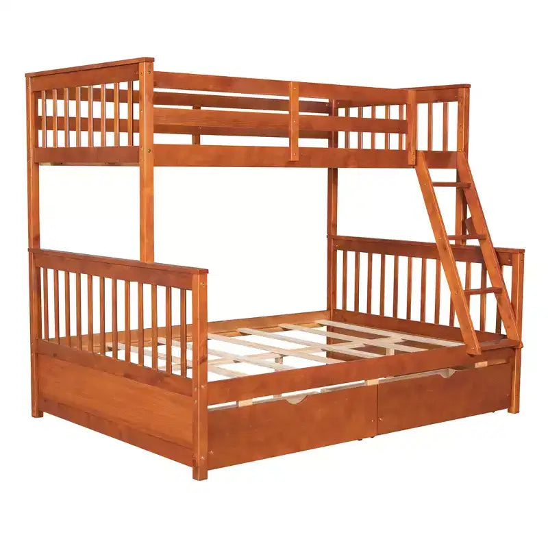 Lit superposé double sur plein avec tiroirs de rangement, cadre et échelle en bois de pin massif avec barrières de sécurité pour enfants et adolescents