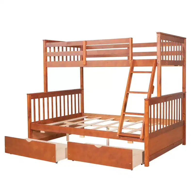 Lit superposé double sur plein avec tiroirs de rangement, cadre et échelle en bois de pin massif avec barrières de sécurité pour enfants et adolescents