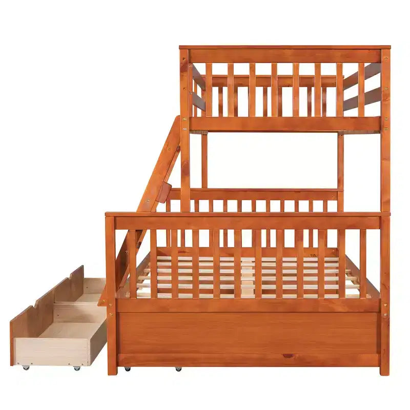 Lit superposé double sur plein avec tiroirs de rangement, cadre et échelle en bois de pin massif avec barrières de sécurité pour enfants et adolescents