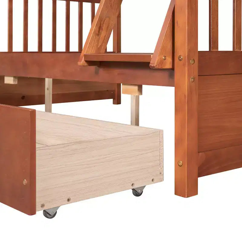 Lit superposé double sur plein avec tiroirs de rangement, cadre et échelle en bois de pin massif avec barrières de sécurité pour enfants et adolescents