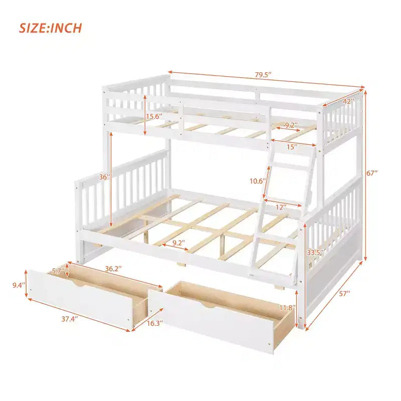 Lit superposé double sur plein avec tiroirs de rangement, cadre et échelle en bois de pin massif avec barrières de sécurité pour enfants et adolescents