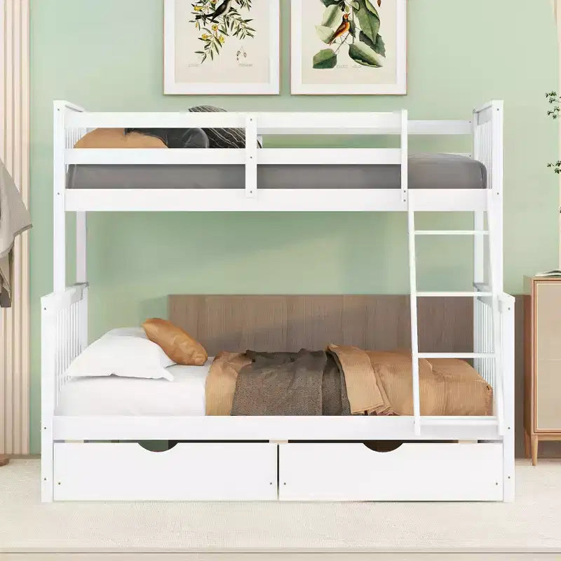 Lit superposé double sur plein avec tiroirs de rangement, cadre et échelle en bois de pin massif avec barrières de sécurité pour enfants et adolescents