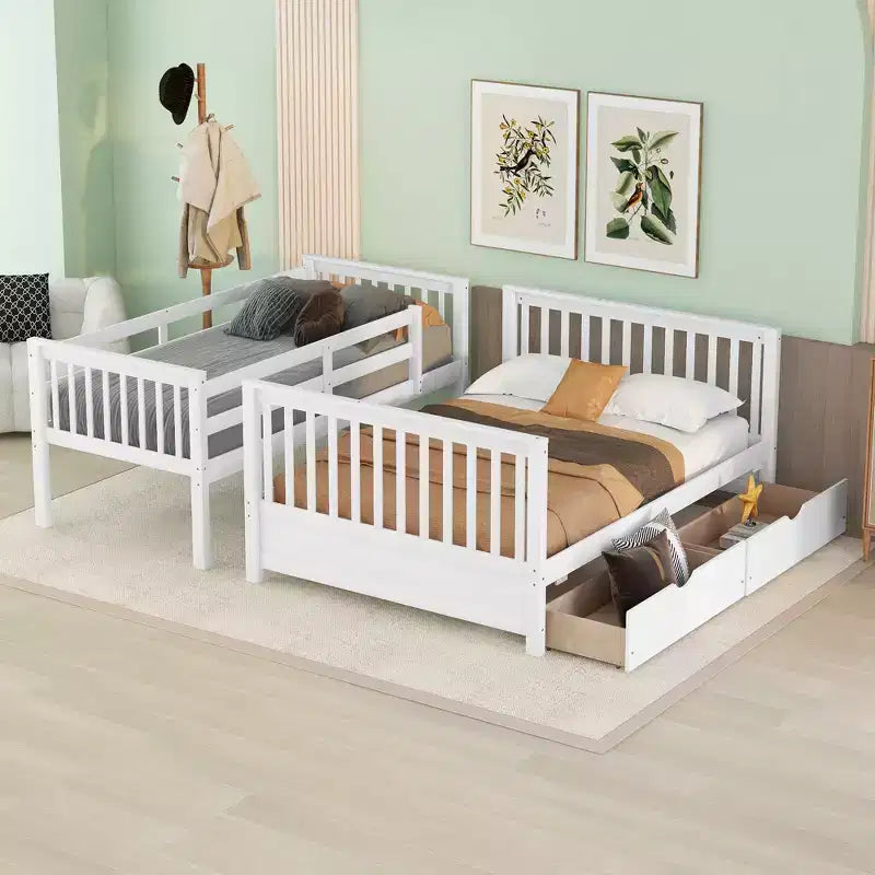 Lit superposé double sur plein avec tiroirs de rangement, cadre et échelle en bois de pin massif avec barrières de sécurité pour enfants et adolescents