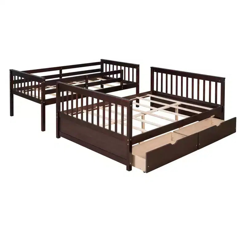 Lit superposé double sur plein avec tiroirs de rangement, cadre et échelle en bois de pin massif avec barrières de sécurité pour enfants et adolescents