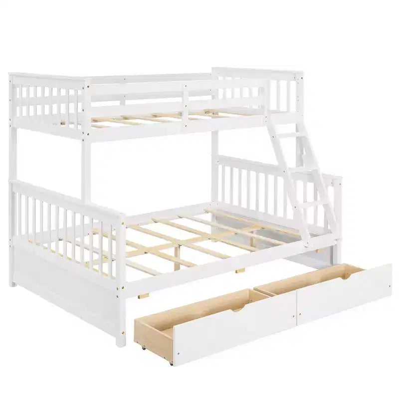 Lit superposé double sur plein avec tiroirs de rangement, cadre et échelle en bois de pin massif avec barrières de sécurité pour enfants et adolescents