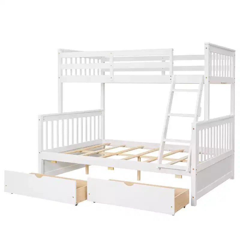 Lit superposé double sur plein avec tiroirs de rangement, cadre et échelle en bois de pin massif avec barrières de sécurité pour enfants et adolescents