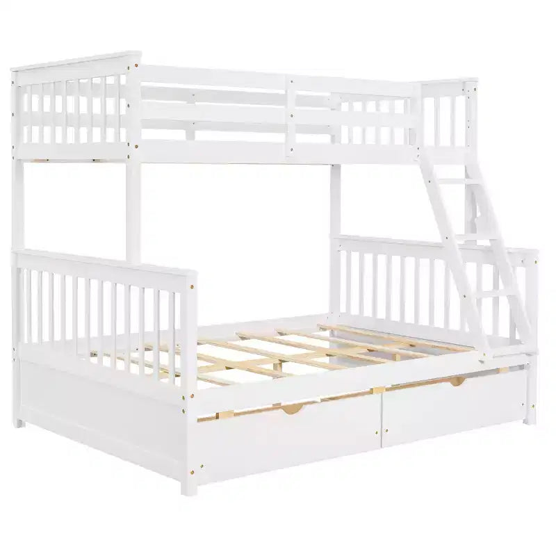 Lit superposé double sur plein avec tiroirs de rangement, cadre et échelle en bois de pin massif avec barrières de sécurité pour enfants et adolescents