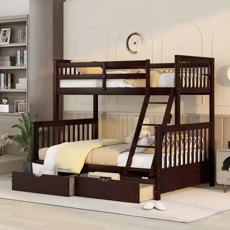 Twin over Full Bunk Bed with Storage Drawers, Solid Pine Wood Frame and Ladder with Guard Rails for Kids Teens