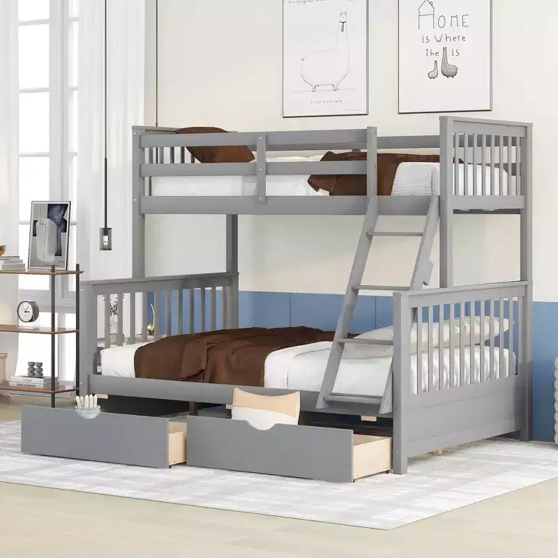 Twin over Full Bunk Bed with Storage Drawers, Solid Pine Wood Frame and Ladder with Guard Rails for Kids Teens